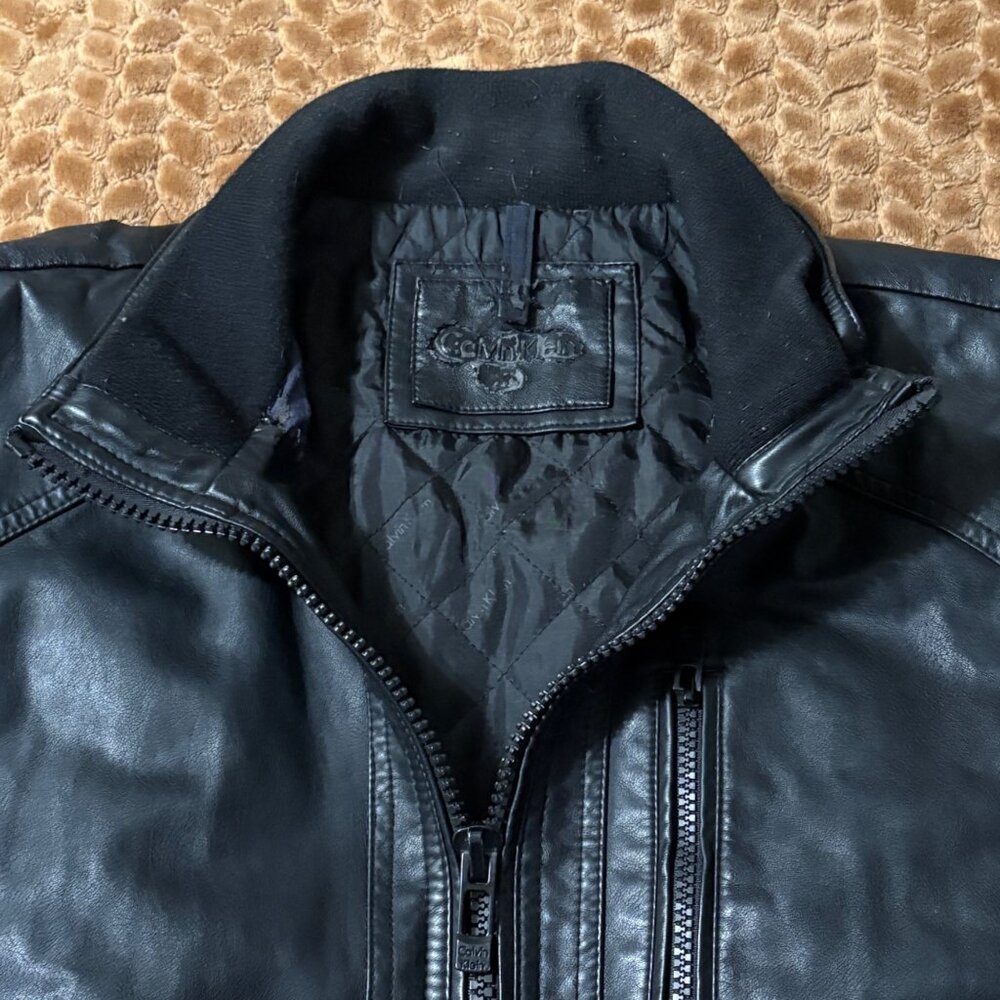 Calvin Klein Black Faux Leather Mens Bomber Jacket Zipper Pockets XL - Picture 3 of 10
